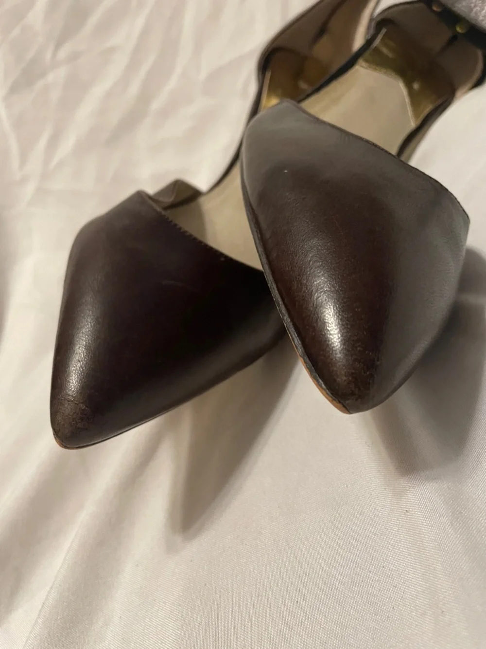 Michael Kors Dark Brown Pointed-Toe Ankle-Strap Heels with Gold Accent